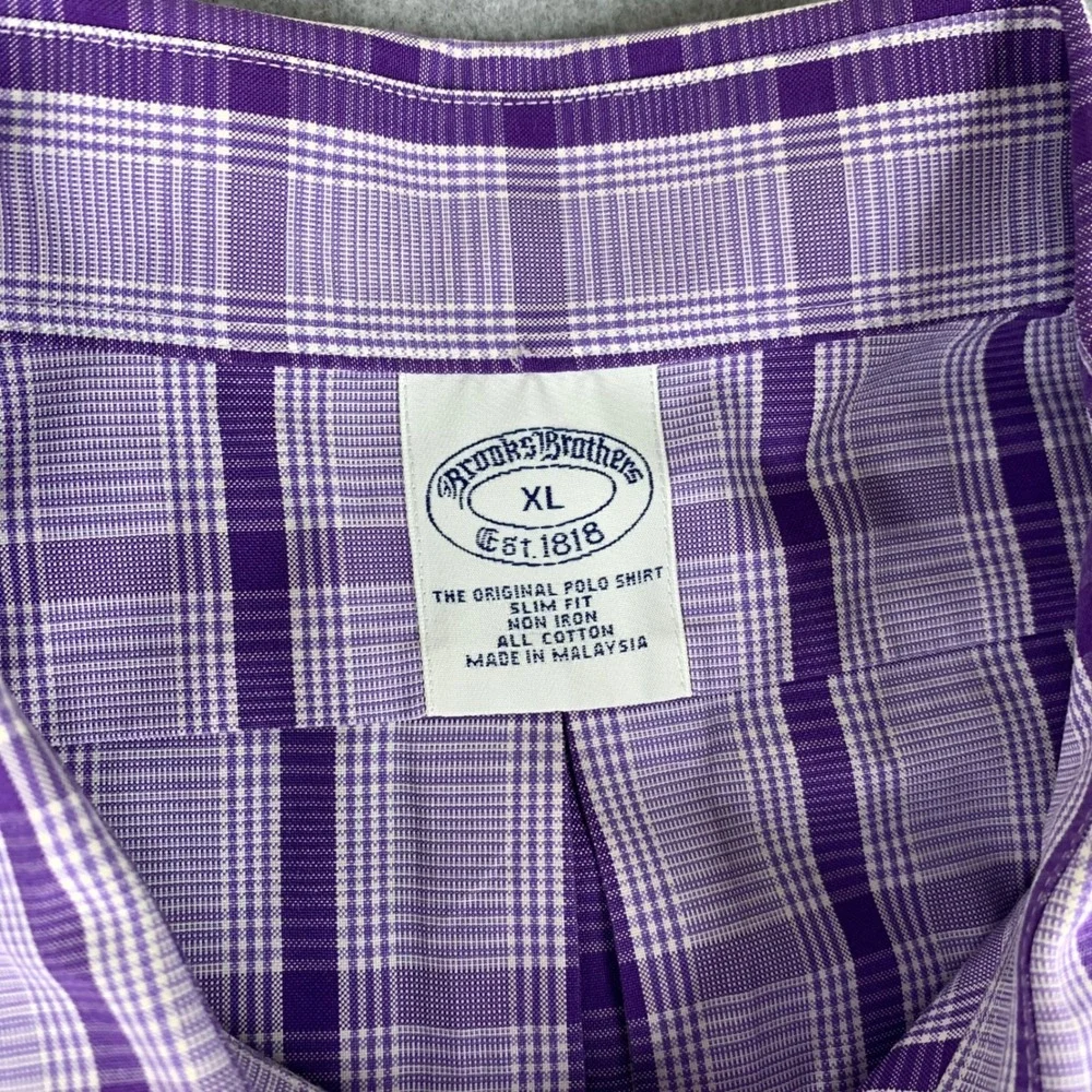 Brooks Brothers Button Down Shirt Mens XL Purple Plaid Slim Fit Non Iron Cotton